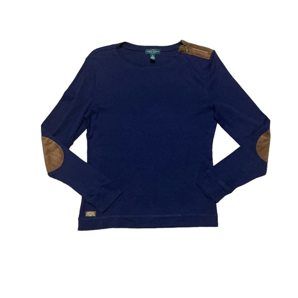 Lauren Ralph Lauren Long Sleeve Shirt Women’s L Petite Elbow Patch Crewneck Top - Picture 1 of 9
